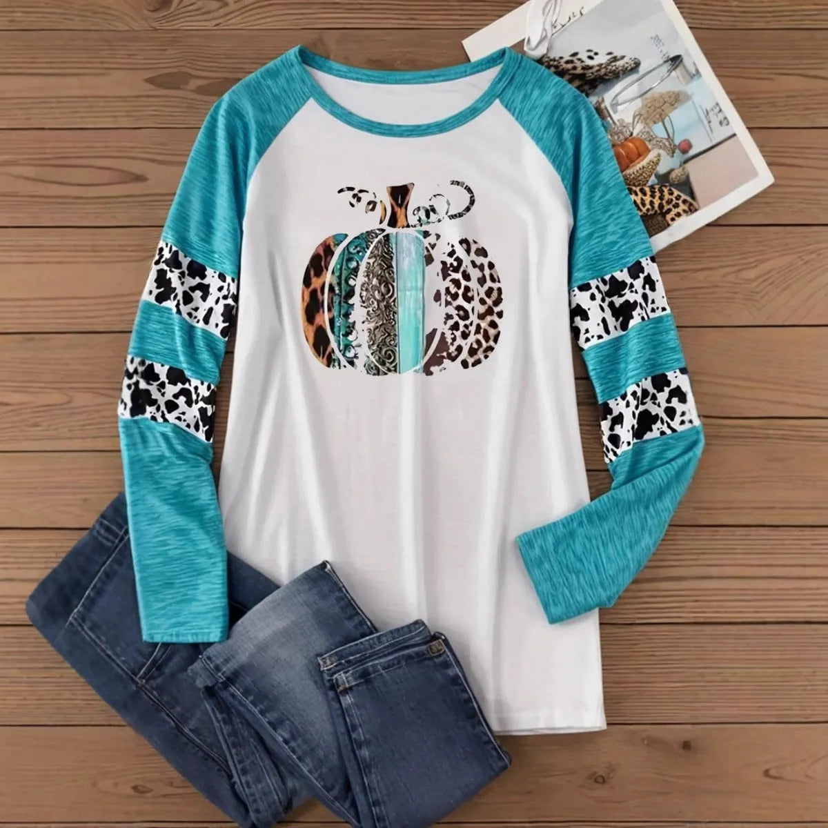 White Halloween t-shirt with 3D pumpkin print and sky blue colour in Japanese Korean casual style
