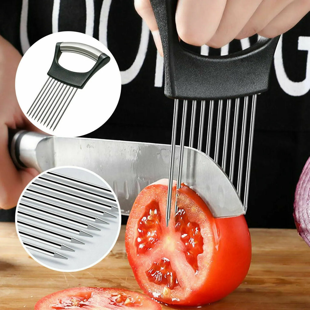 Stainless steel and ABS food slice assistant measuring 14cm by 9.5cm for holding vegetables during kitchen preparation