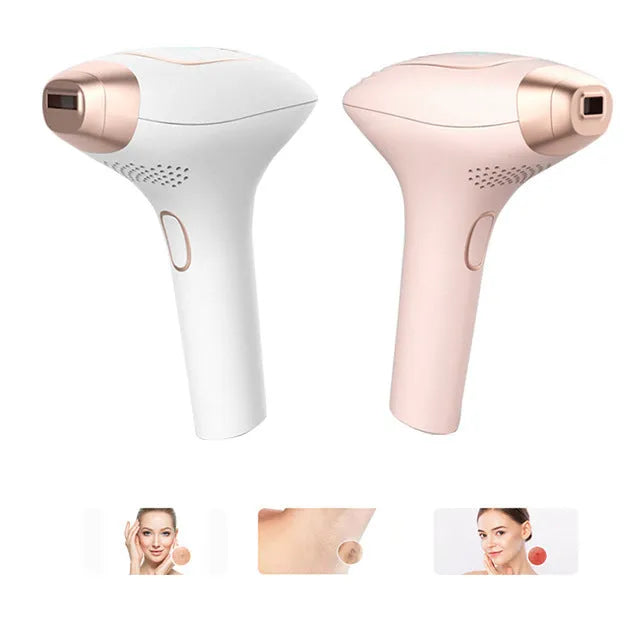 Pink and white laser hair removal device with ice cooling technology and accessories