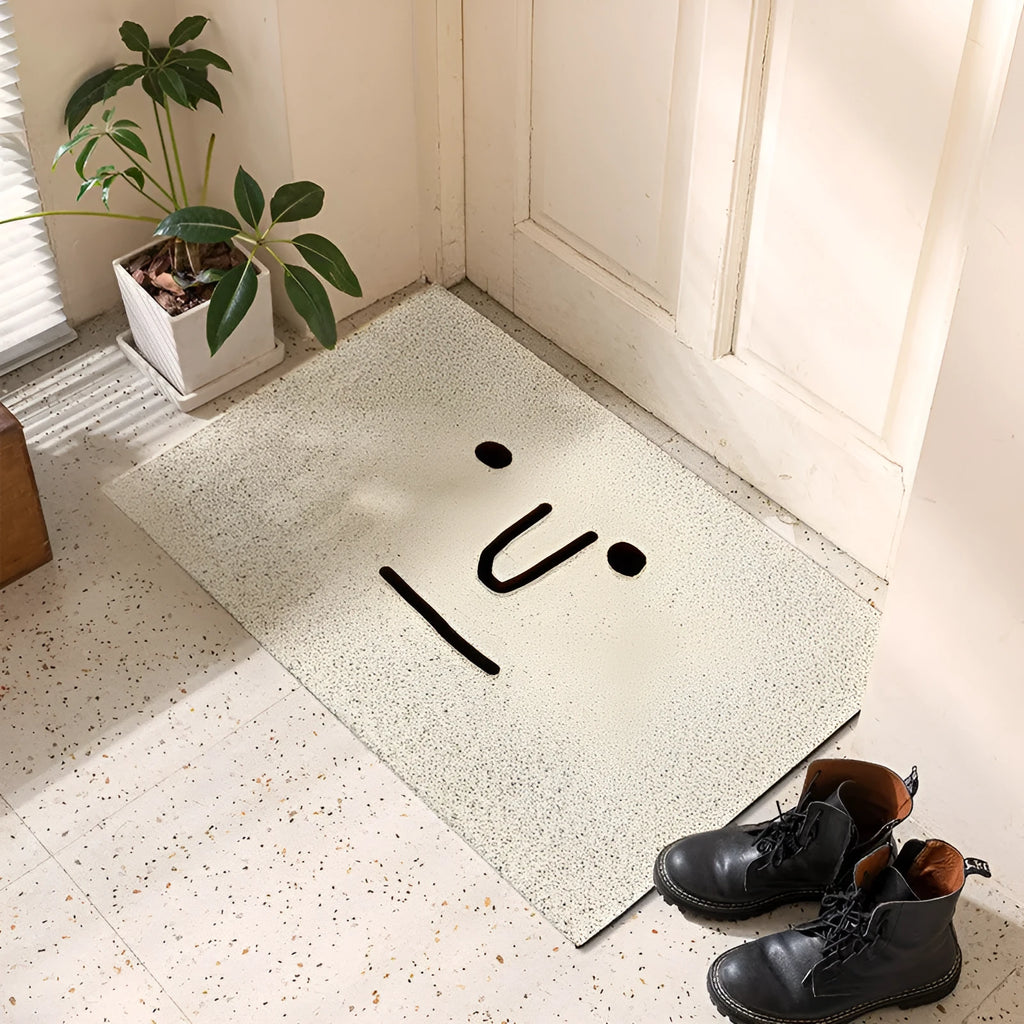 Square PVC floor mat with a cartoon facial expression geometric pattern in Mr. Big Nose colours.