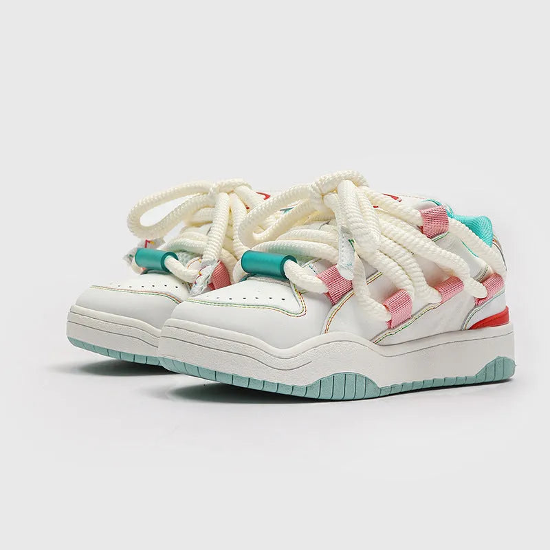 Casual low-top shoes with thick rubber soles and round toe in denim blue colour with lace-up front