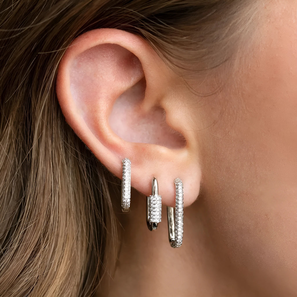 Geometric copper ear clip three-piece set with micro inlaid zircon detailing in gold and white colours