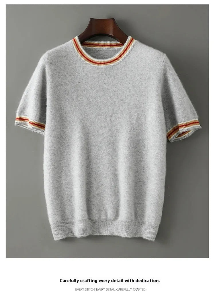 Men's pure wool short sleeve sweater in round neck pullover style shown in neutral colour