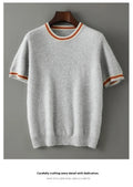 Men's pure wool short sleeve sweater in round neck pullover style shown in neutral colour