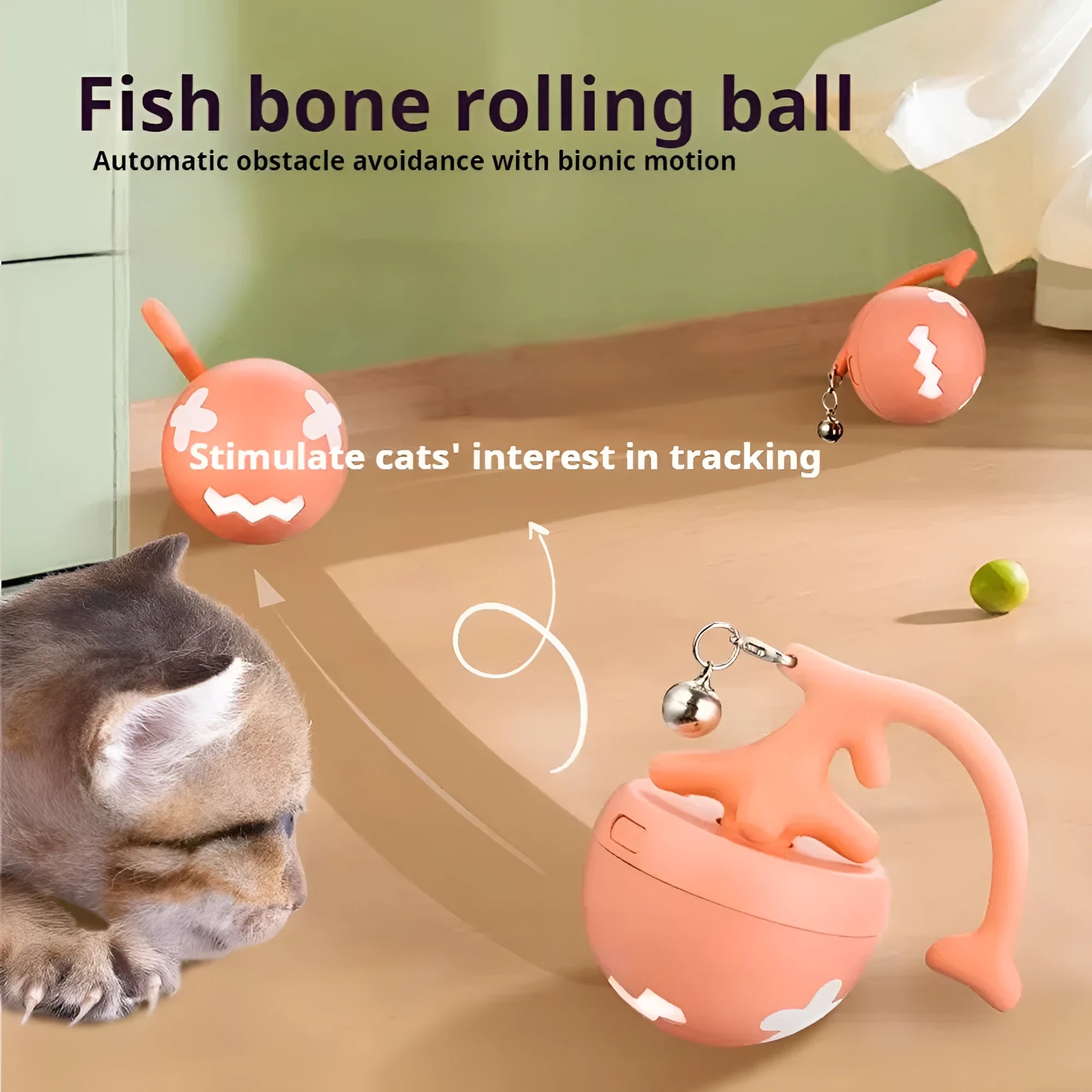 USB electric cat teasing ball with fish bone design rolling on floor with laser pointer activated