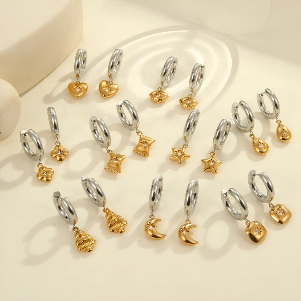 Christmas tree stainless steel earrings with 18K gold electroplating in heart, star, and geometric shapes