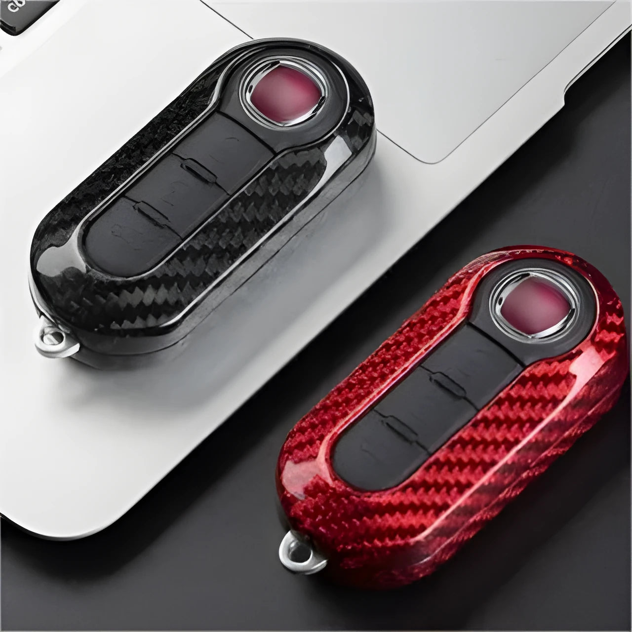 Carbon fibre and glass fibre replacement shells for automobile key fobs in three colour options