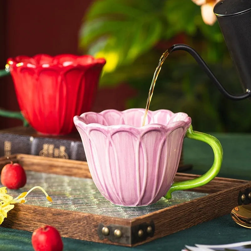 Red and purple ceramic breakfast mugs with floral pattern, 500ml capacity.