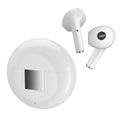 White Budz5 semi-in-ear Bluetooth headphones with charging case showing wireless design and noise reduction feature
