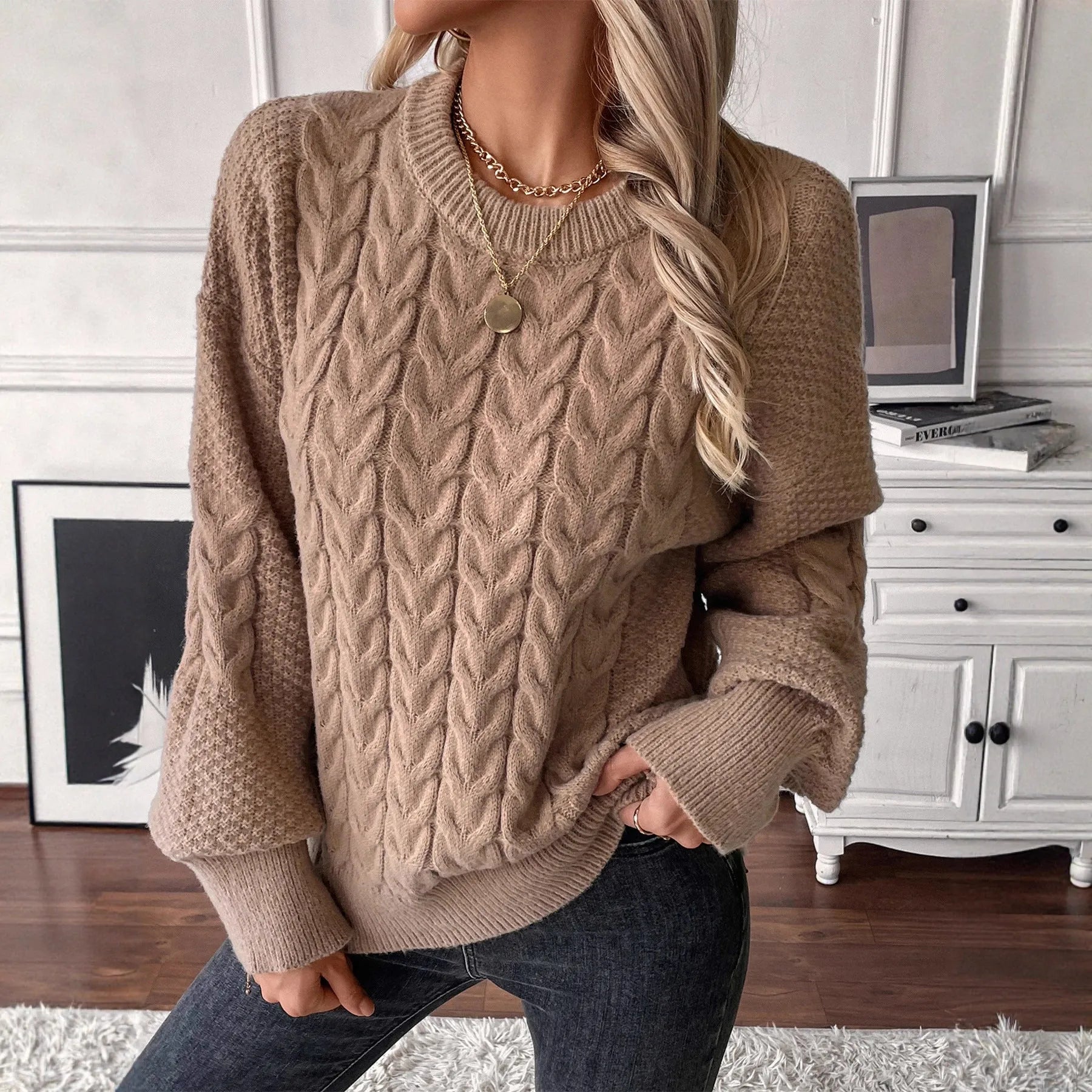 Women's loose fit casual polyester sweater in khaki colour with round neck and regular sleeves
