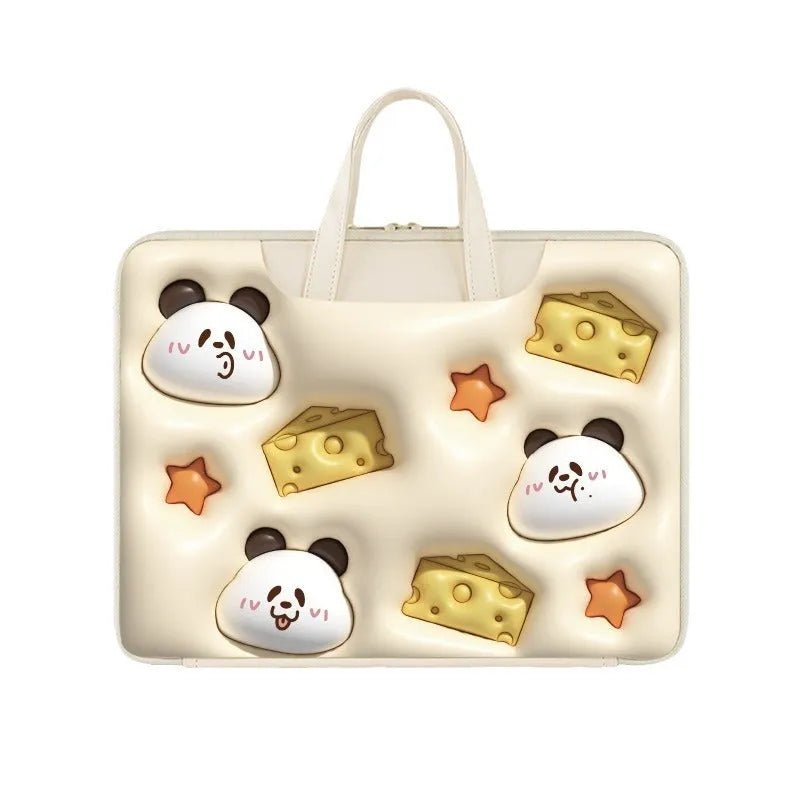 Inflatable laptop bag in PU leather with hanging handle attached to suitcase, showing cute star design
