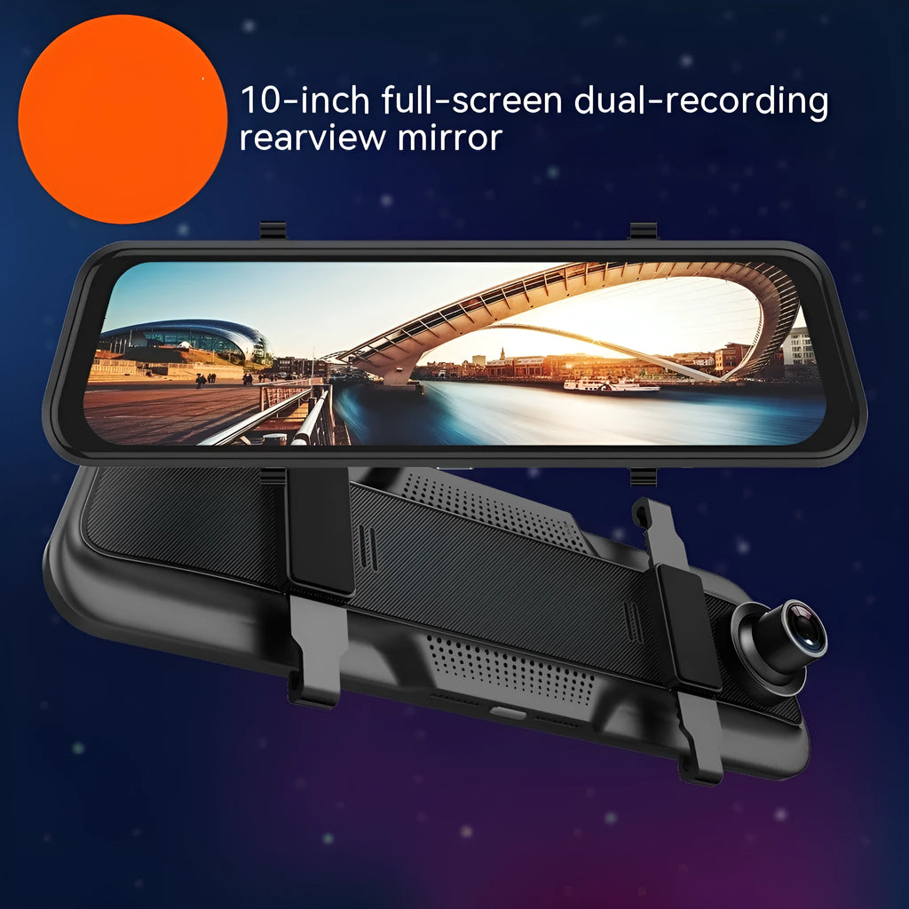Black driving recorder rearview mirror with 10-inch touch screen displaying road footage