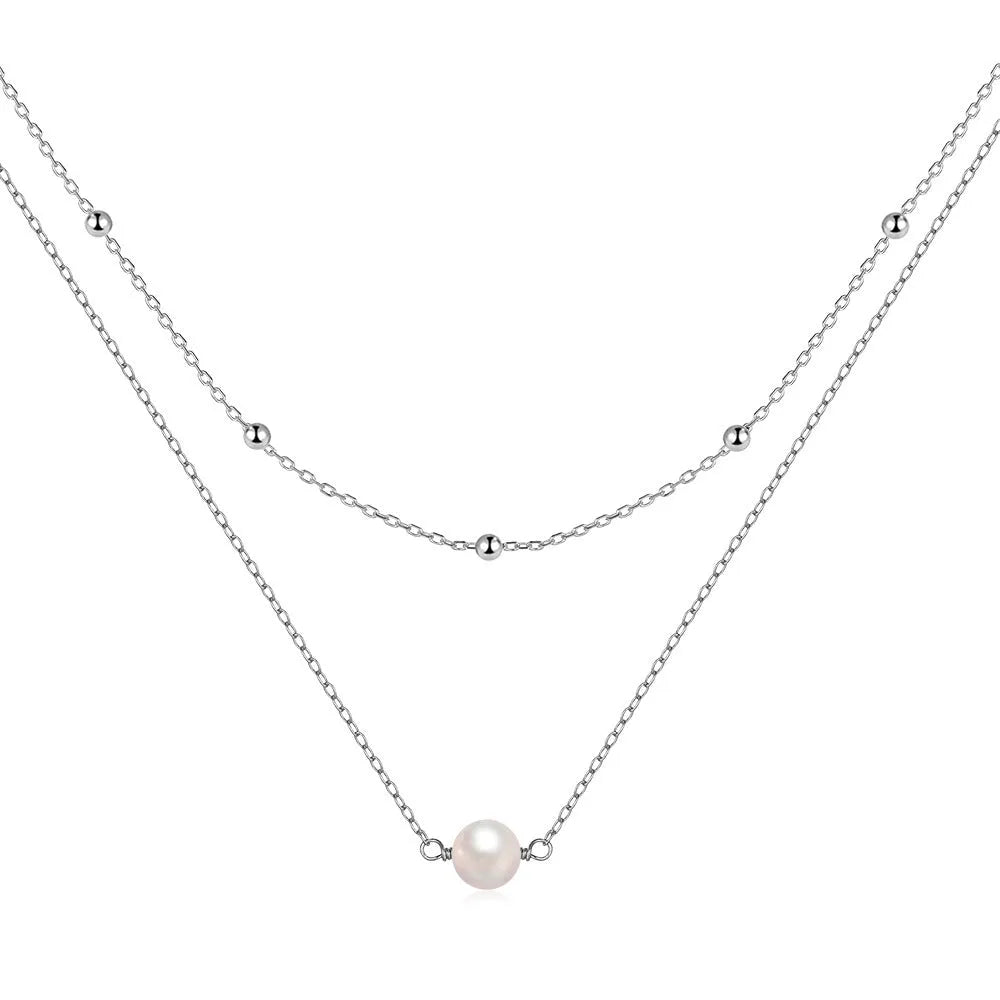S925 sterling silver necklace with double layer twin pearl pendant on ball bead chain