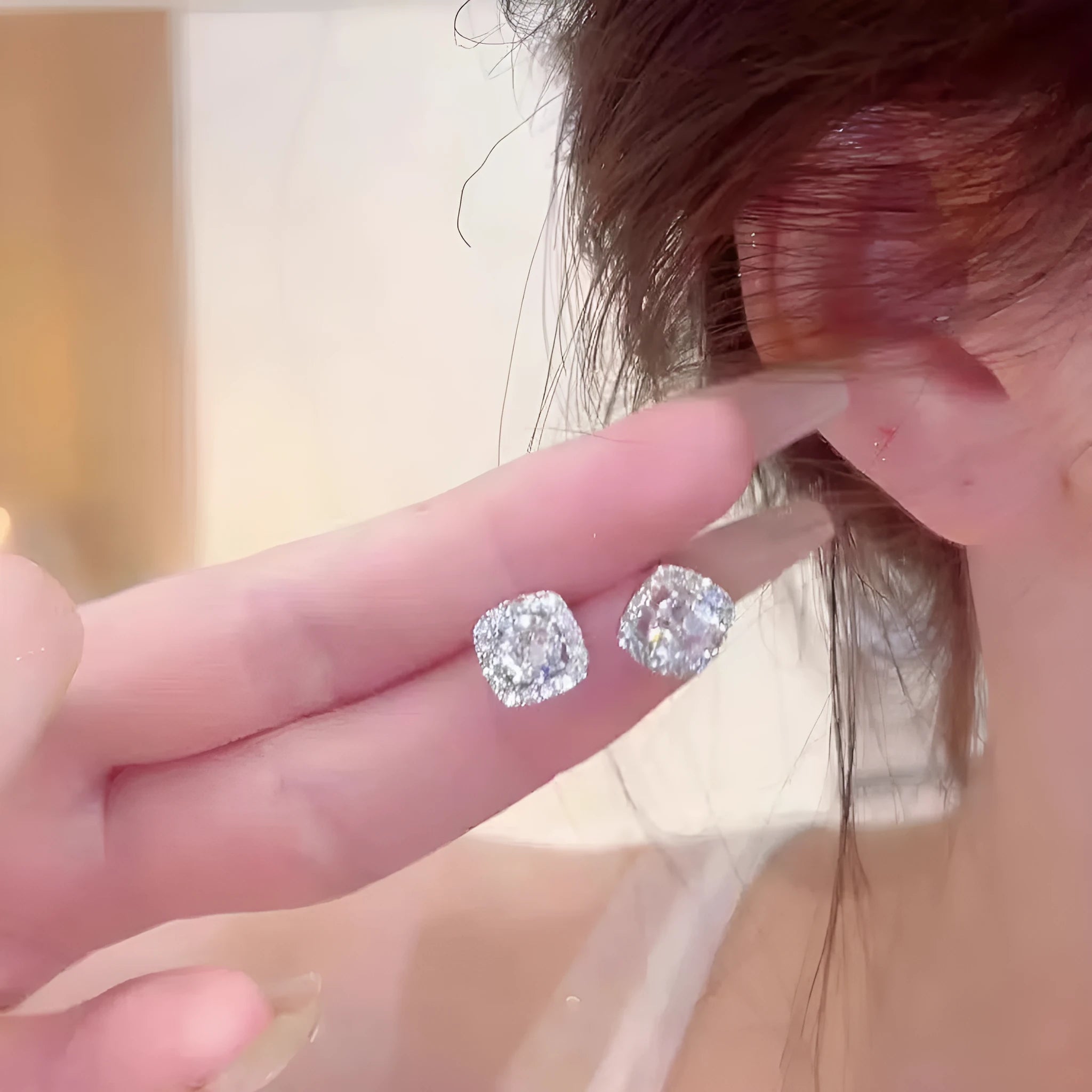 Square geometric diamond earrings in gold or silver alloy with quadrilateral design