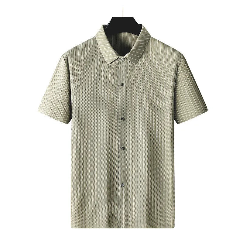 Man wearing a plus size loose fit black striped cardigan shirt with a square collar.