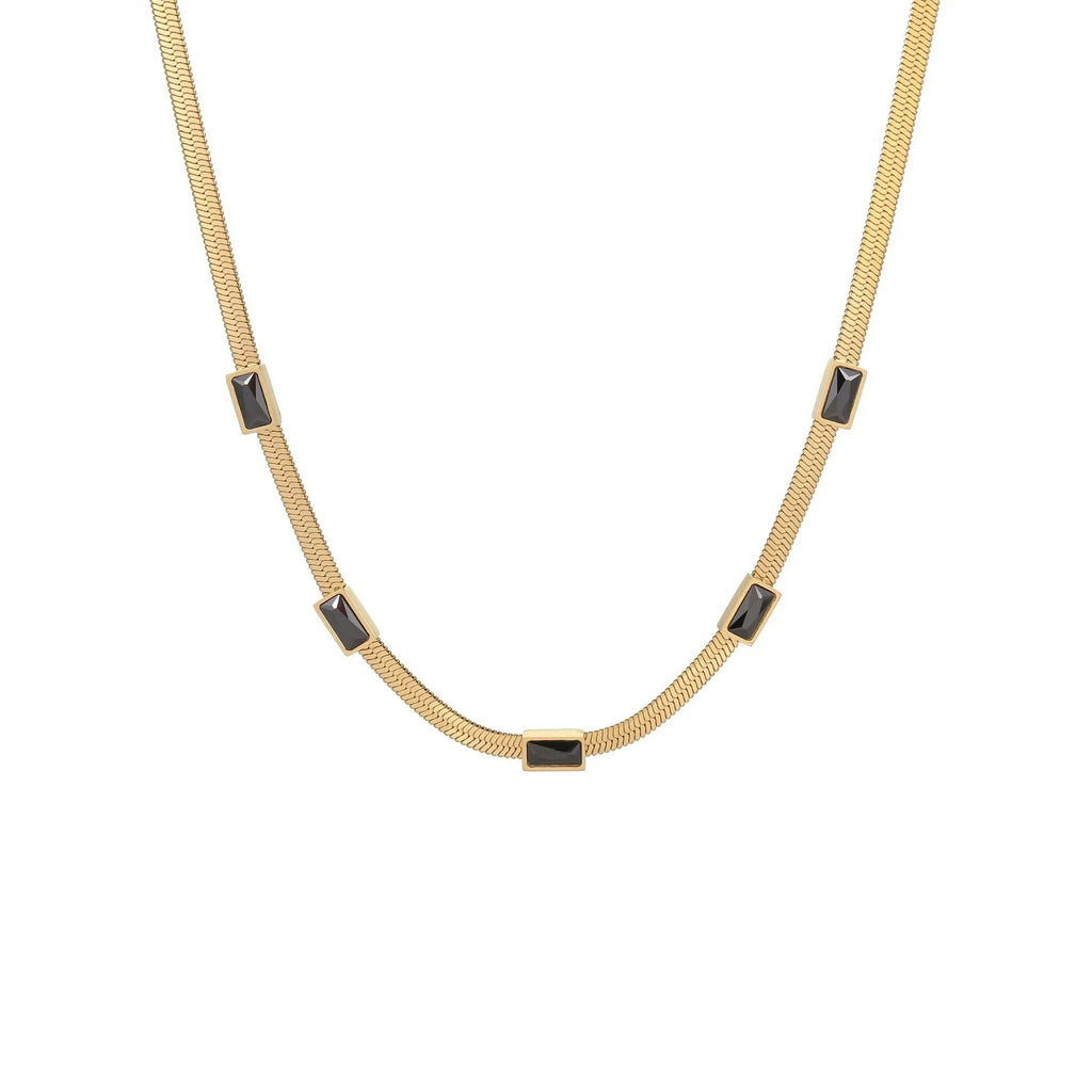 Geometric square zircon pendant on a stainless steel flat snake chain necklace.
