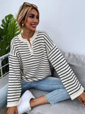 Black women's striped top with drop-shoulder sleeves and loose casual fit