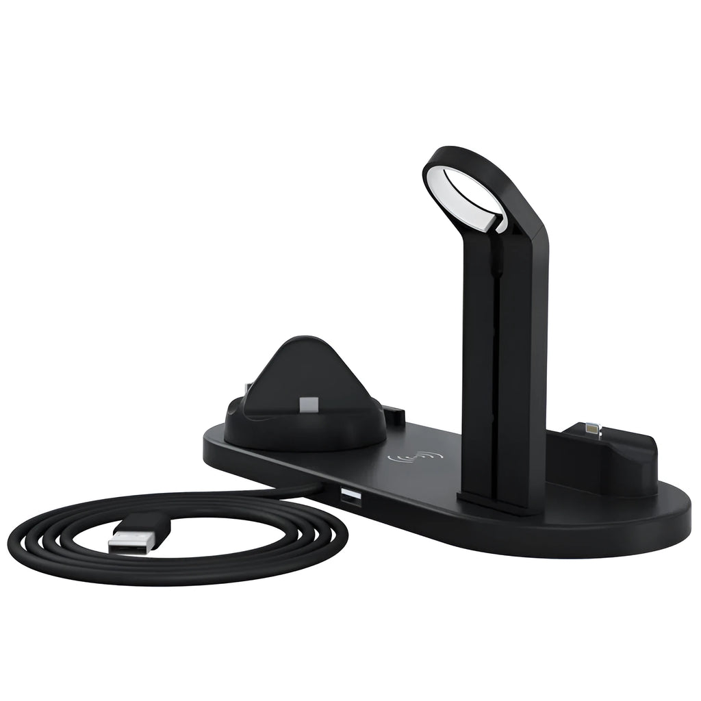 Desktop stand three-in-one wireless charger in black charging a smartphone, earbuds, and watch