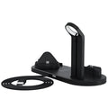 Desktop stand three-in-one wireless charger in black charging a smartphone, earbuds, and watch