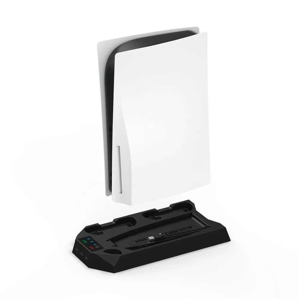 Black PS5 charging and cooling base holding a console with two controllers plugged in.