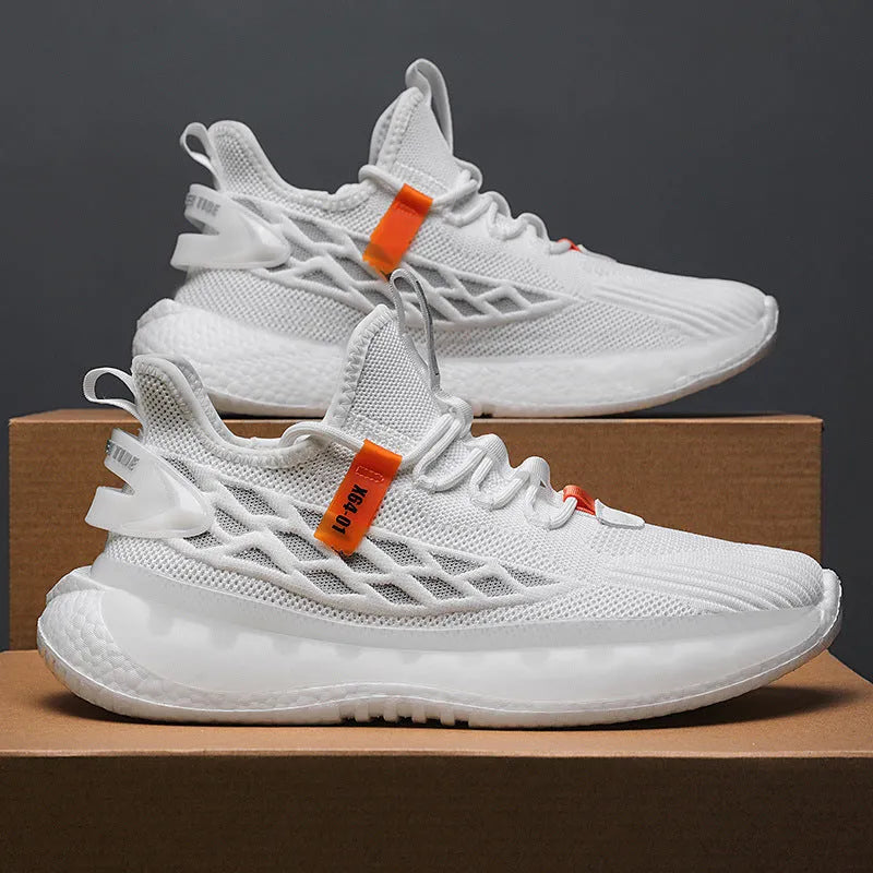 Men's white low-top platform sneakers with woven mesh upper and round toe.