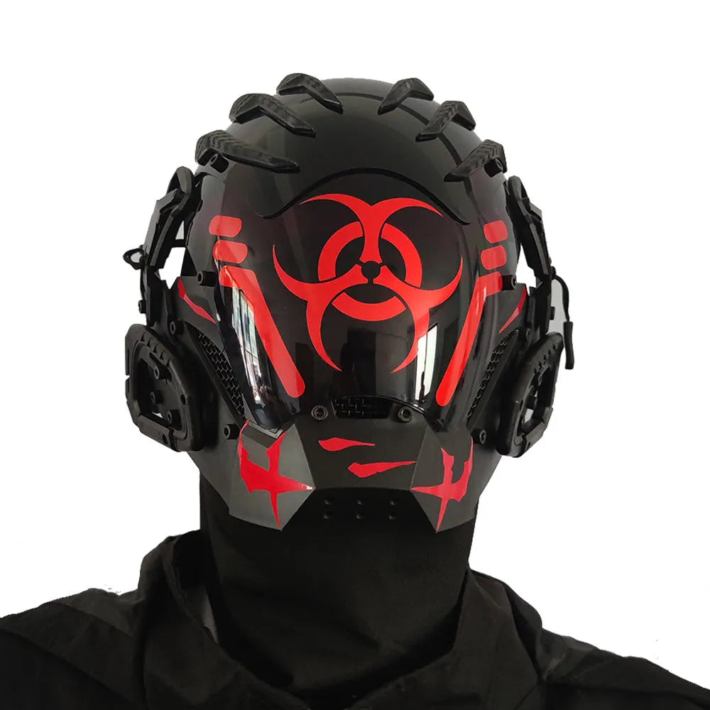 Black full face creative prop mask helmet with cyberpunk design for Halloween costumes