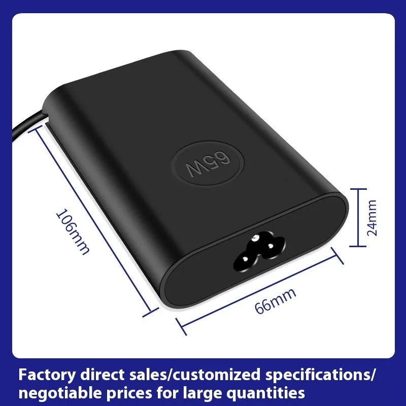 Black 65W Type-C laptop power adapter with multiple international plug heads on a white background.