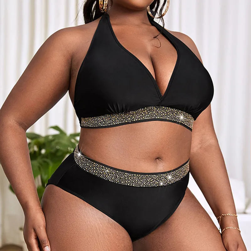 Black plus size women's bikini set with bra and shorts for swimming and sports