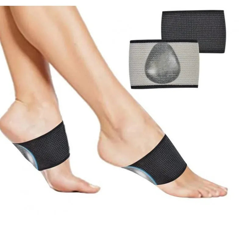 Unisex flat foot support bandage with elastic arch support and a silicone heart pad, shown in two style variations.