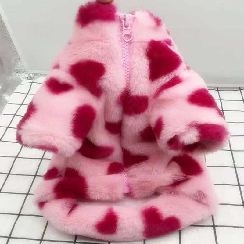 Small dog wearing plush polyester warm coat in pink colour, suitable for Teddy, Bichon and Pomeranian breeds