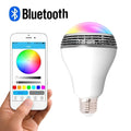 White LED smart bulb with E27 base, combining a light and Bluetooth speaker, dimensions 100x150mm.