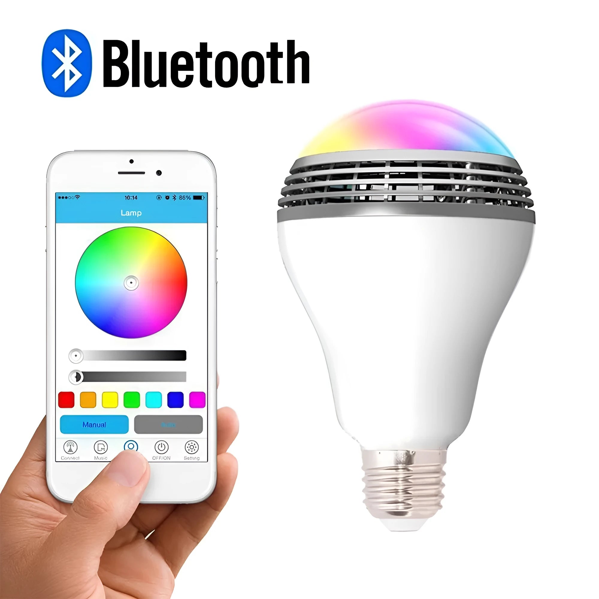 White LED smart bulb with E27 base, combining a light and Bluetooth speaker, dimensions 100x150mm.