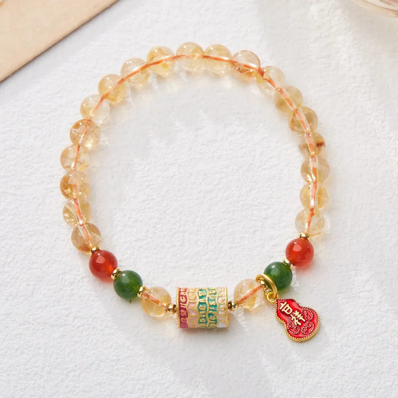 Hand-woven citrine crystal bracelet with geometric five-warp pattern and 6mm beads