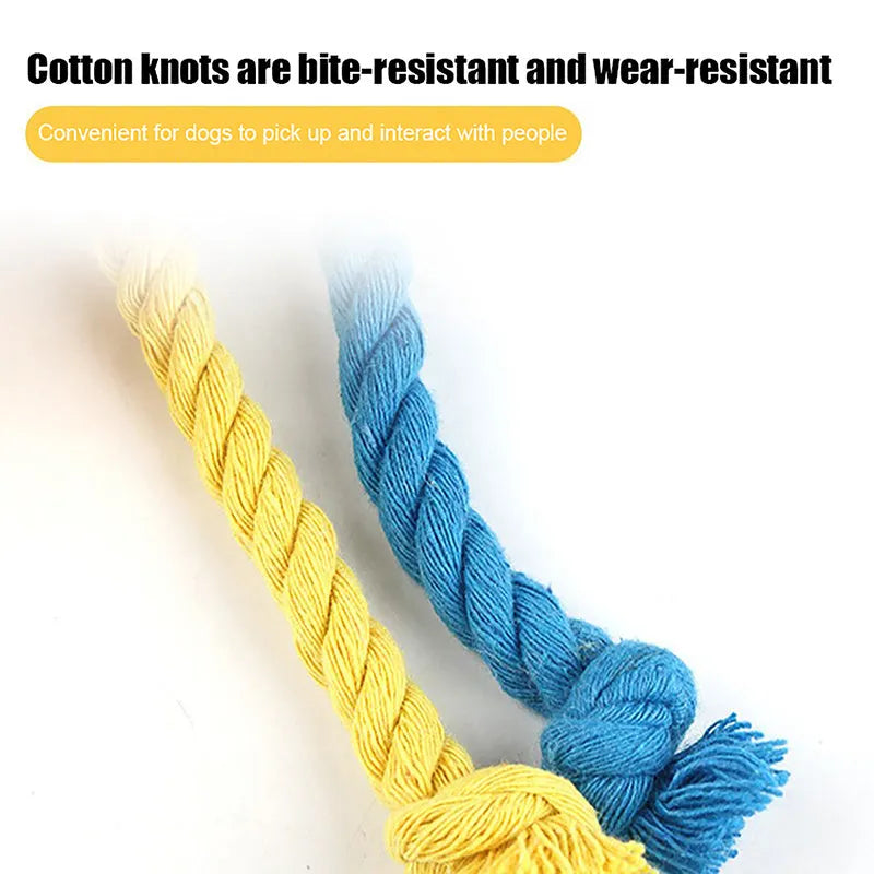 Blue and yellow elastic football dog tug toy with cotton rope construction for chewing and interactive play