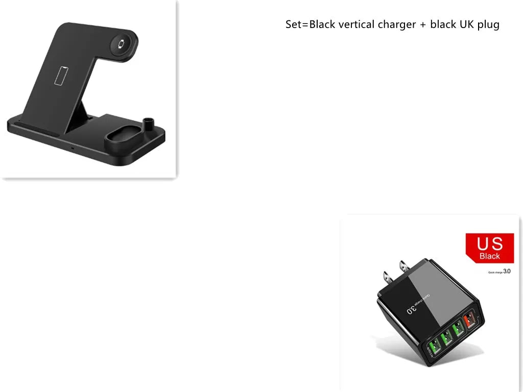4-in-1 wireless charging station showing phone, Apple Watch, AirPods and Apple Pencil charging simultaneously on adjustable stand