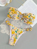 Colourful floral print polyester bikini set with lace details and backless design