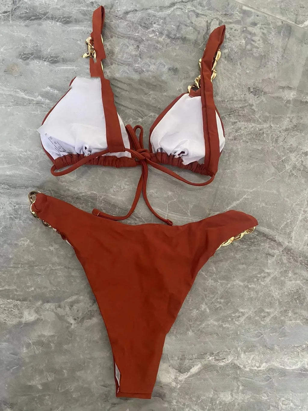Brown tube-top bikini swimsuit with split design for women