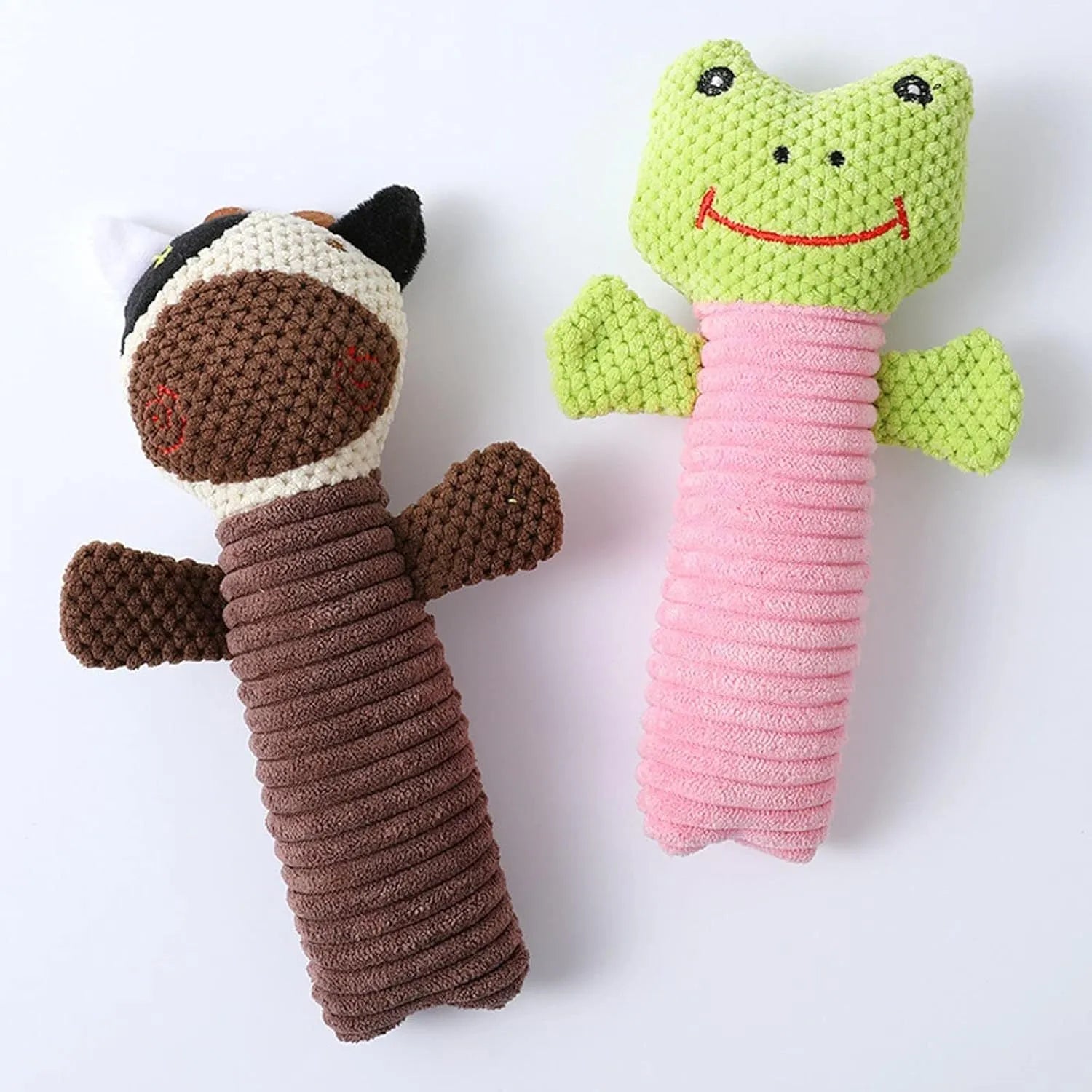 Dog squeaky chew toy in stuffed animal shape for dental cleaning and teething relief