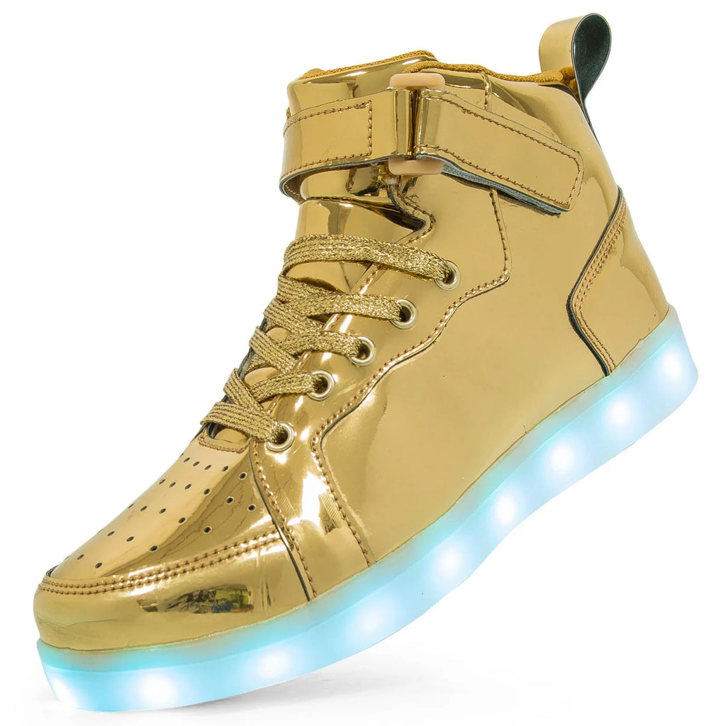 Rechargeable LED light-up high-top board shoes with Velcro closure in black, gold, and white colours