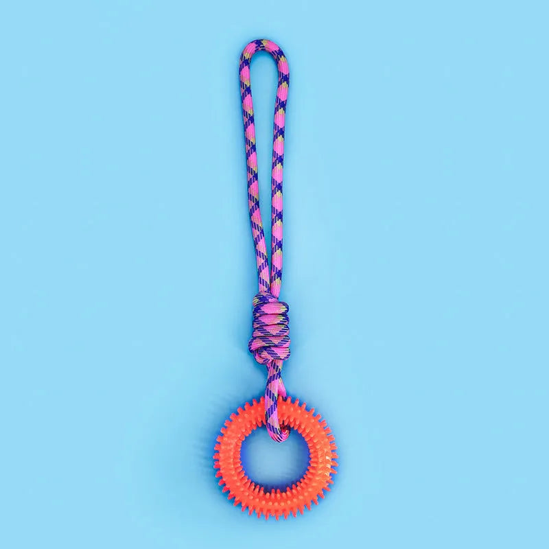 Blue braided rope dog toy with puppy knot design measuring 43 cm long