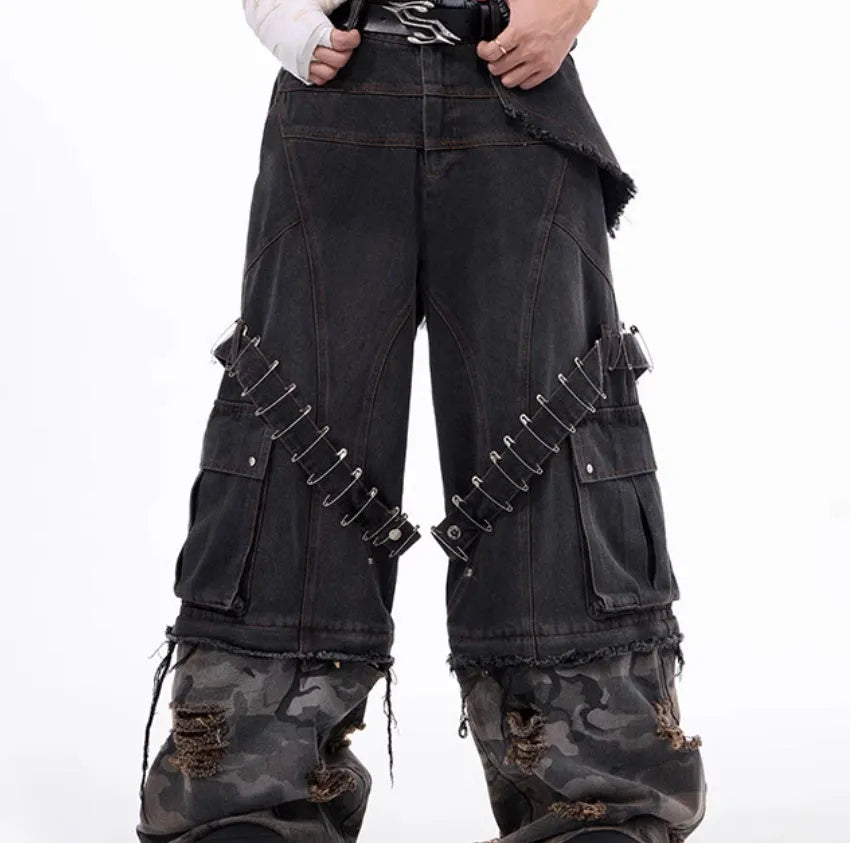 Grey men's jeans with camouflage pattern and ribbon splicing details on cotton denim.