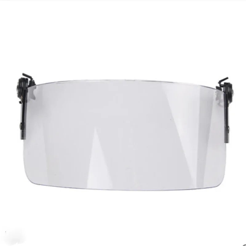 Transparent polycarbonate helmet face mask with windproof lens and guide rail mounting