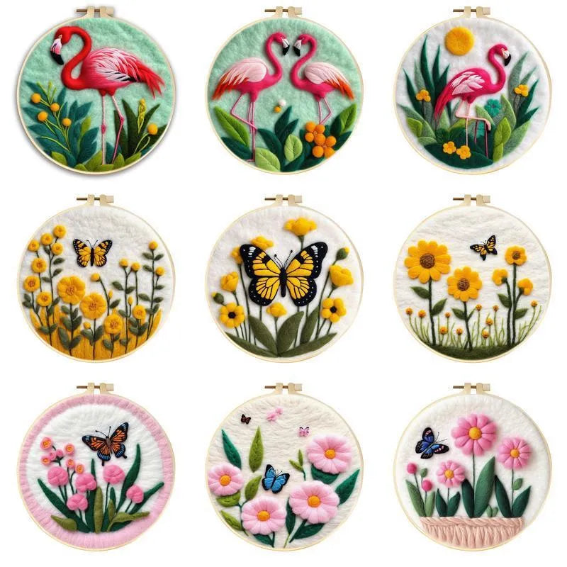 Round linen embroidery kit with wool felt for three-dimensional blanket paintings featuring botanical patterns