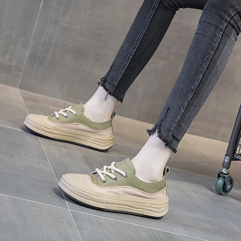 Women's matcha green leather platform sneakers with round toe and lace-up front