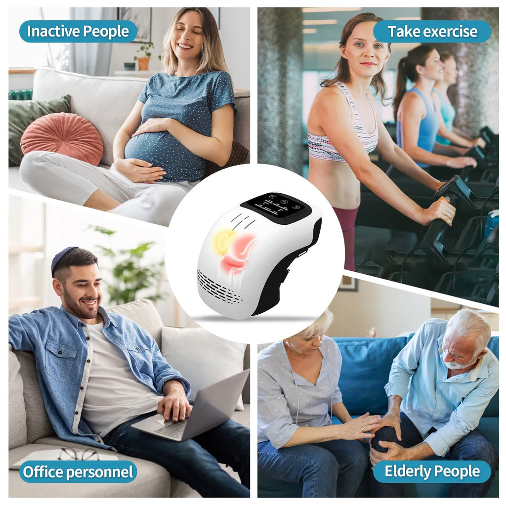 White wearable electric knee massager with straps, showing controls for kneading, heat, and vibration therapy.