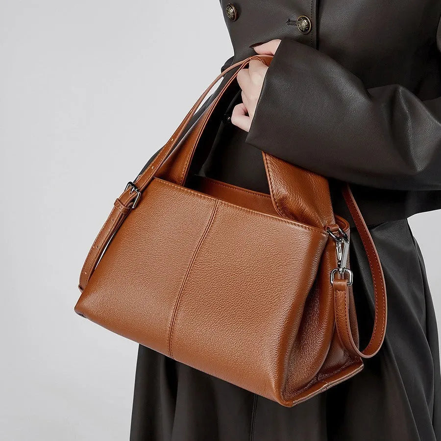 Women's genuine leather retro texture messenger bag in horizontal square shape with double shoulder strap