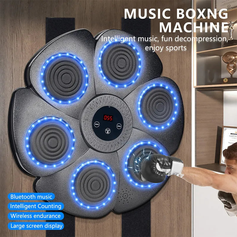 Smart music boxing machine with black plastic target, LED lights, and half-finger boxing gloves