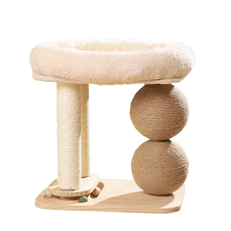 Pine wood cat scratching nest with sisal posts and raised sleeping platform in dual-column design