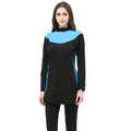 Women's long sleeve hooded swimsuit in black with colour accents for conservative swimming