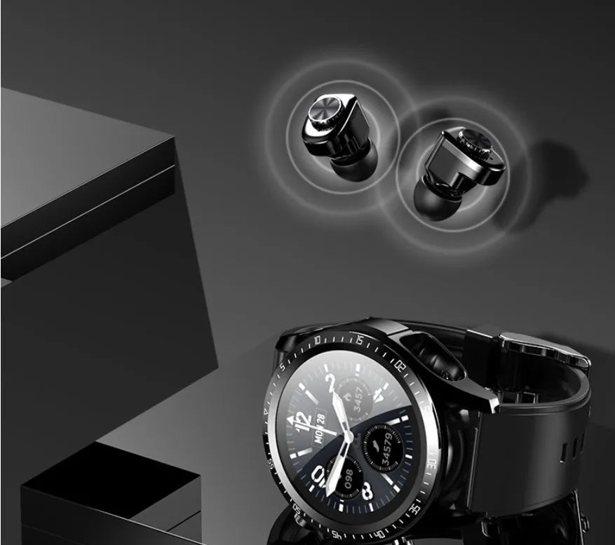 Black smart watch with blood pressure monitor on silicone strap, showing 1.28-inch screen.